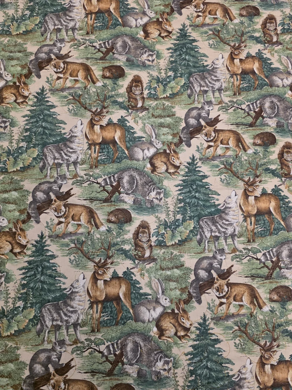 Vtg Handmade Wildlife Quilt Throw Rustic Cabin Lodge Decor, Deer Wolf Fox Animal